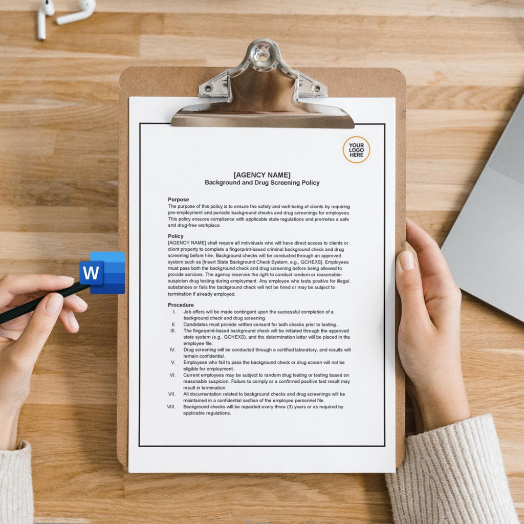 Background & Drug Screening Policy, Home Care HR Template, Editable Compliance Form