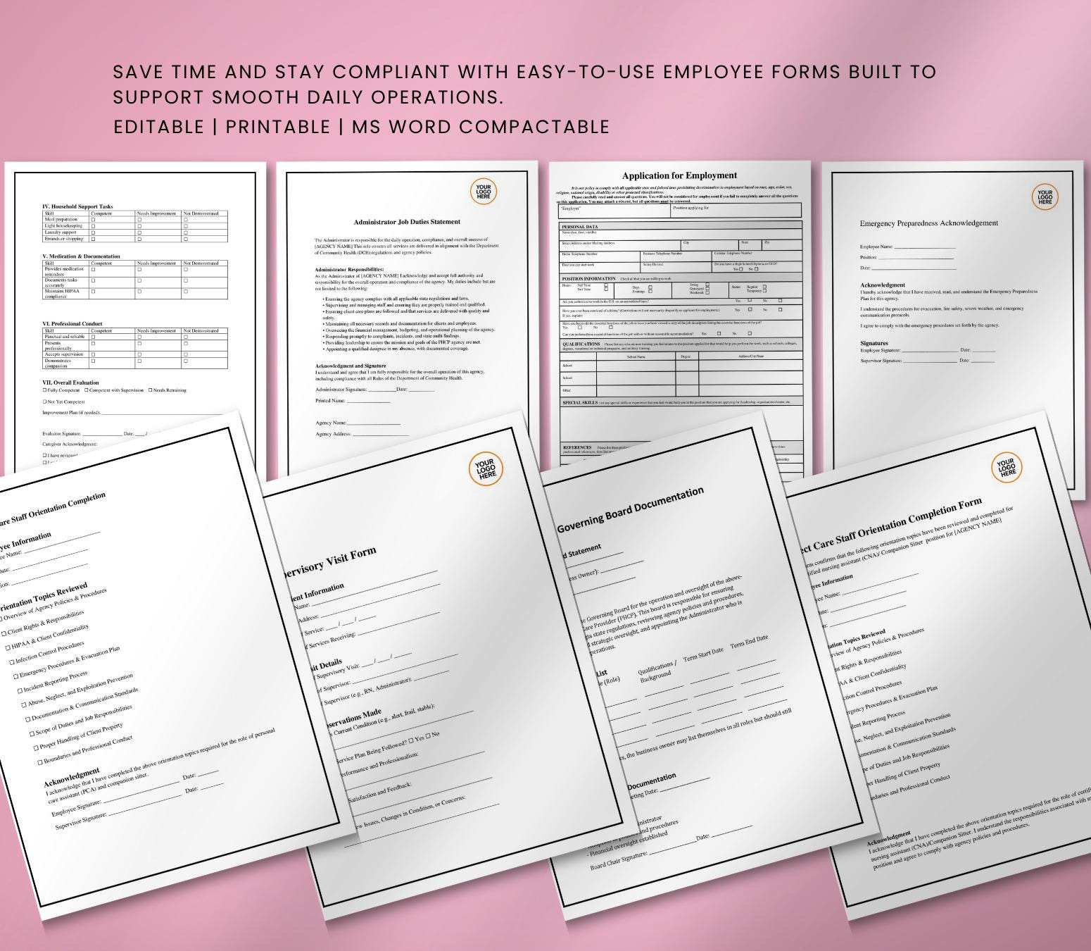 Caregiver Onboarding Forms, Private Home Care Agency Bundle: Editable HR Templates (Word, PDF)