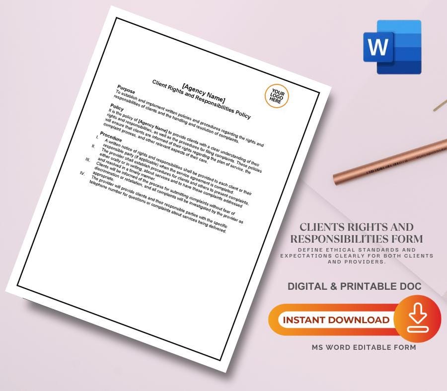 Client Rights Policy & Procedures Template, Editable Business Form, Printable Client Agreement, Digital Download