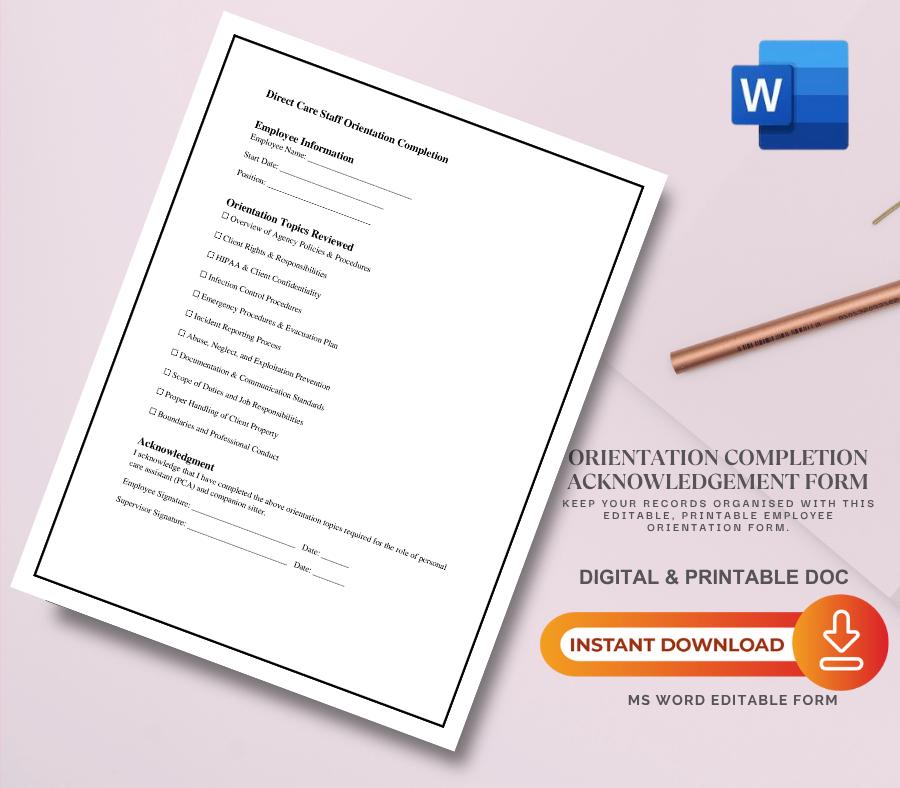 Caregiver Orientation Completion Acknowledgement Form, Editable Word Staff Training Template, Employee Onboarding Confirmation Form