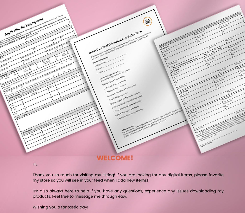 Caregiver Onboarding Forms, Private Home Care Agency Bundle: Editable HR Templates (Word, PDF)